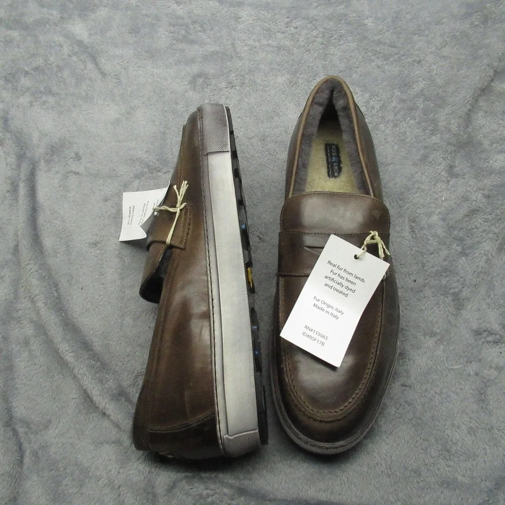 Ross Snow Slippers Mens 14 Brown Leather REAL Fur Lined Loafer Made in ITALY